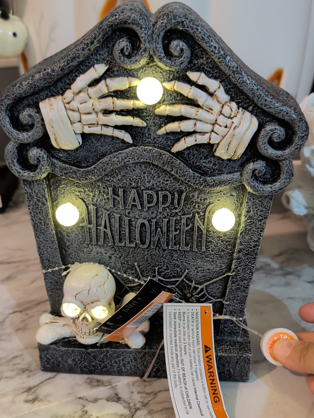 Light-Up 'Happy Halloween' Tombstone Decor with Skull